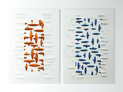 Abstract Fish Shaped Decorative Artworks With Orange And Blue Vertical Patterns 3d model