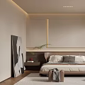 Modern Bedroom Interior Design With Wooden Headboard Neutral Beige Walls And Abstract Painting