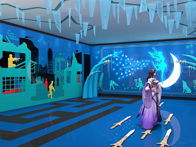 Indoor Ancient Themed Scene With Purple Robed Figure Swords Moon And Star Decorations 3d model