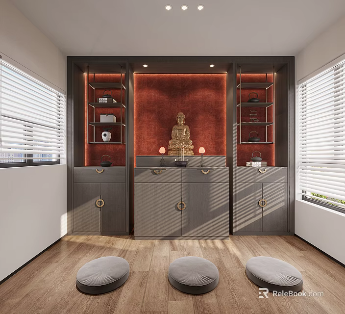 Buddhist Altar Interior With Buddha Statue Storage Cabinets And Meditation Cushions 3d model 