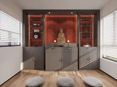 Buddhist Altar Interior With Buddha Statue Storage Cabinets And Meditation Cushions 3d model