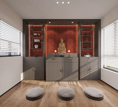 Buddhist Altar Interior With Buddha Statue Storage Cabinets And Meditation Cushions 3d model