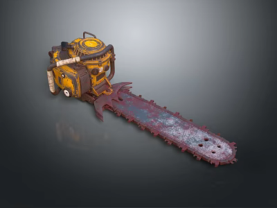 Yellow And Black Mechanical Chainsaw With Red Stained Blade And Vintage Design 3d model