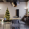 Cozy Restaurant Interior With Christmas Tree Long Wooden Table Sofa Seats And Chairs