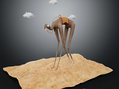 Camel With Long Legs And Colorful Saddle On Sandy Ground With White Clouds 3d model