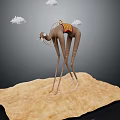 Camel With Long Legs And Colorful Saddle On Sandy Ground With White Clouds