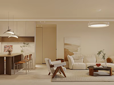 Modern Living and Dining Room Interior Design with Sofa Dining Table Chairs and Pendant Lights 3d model