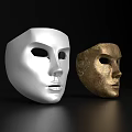 Decorative Ornament Set With White And Gold Masks On Black Background