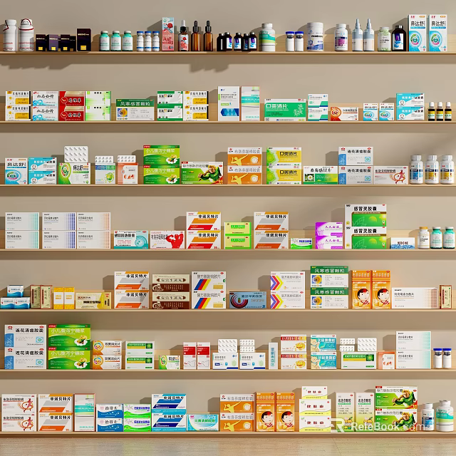 Pharmacy Display Shelves With Various Medicine Boxes And Organized Pharmaceutical Products 3d model 