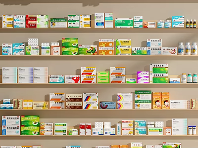 Pharmacy Display Shelves With Various Medicine Boxes And Organized Pharmaceutical Products 3d model