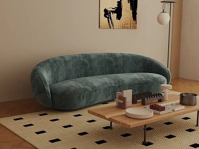 Teal Velvet Curved Three Seater Sofa With Geometric Rug Wooden Coffee Table And Floor Lamp 3d model
