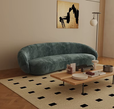 Teal Velvet Curved Three Seater Sofa With Geometric Rug Wooden Coffee Table And Floor Lamp 3d model