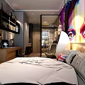Hotel Guest Room With Colorful Abstract Mural Hanging Guitar And Round Hanging Chair