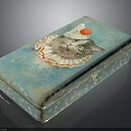 Teal Blue Decorative Storage Box With Gold Polka Dots Cat Wearing Hat Red Flower