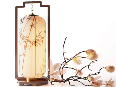 Chinese Style Table Lamp With Bamboo Pattern And Wooden Frame Near Magnolia Branches 3d model