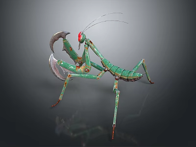 Mechanical Green Metallic Mantis Character with Red Eyes Scythe Like Forelimbs 3d model