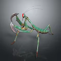 Mechanical Green Metallic Mantis Character with Red Eyes Scythe Like Forelimbs