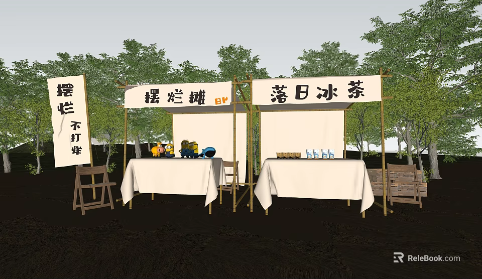 Outdoor Street Stall Featuring Lemon Tea Sunset Ice Tea Tables Tents And Trees 3d model 