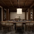 Traditional Private Room Interior With Wooden Structure Dining Table Chairs And Scroll Painting