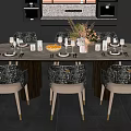 Modern Dining Table Set with Marble Top and Patterned Chairs Centerpiece Flowers in Kitchen Interior