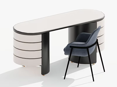 Modern Home Office Desk With White Desktop Black Frame Drawers And Blue Chair 3d model