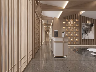 Hospital Outpatient Clinic Lobby with Reception Desk Wooden Decor Marble Floor and Lighting Design 3d model