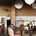 Modern Teahouse Interior Design With Tables Chairs Hanging Lamps And Decorative Paintings