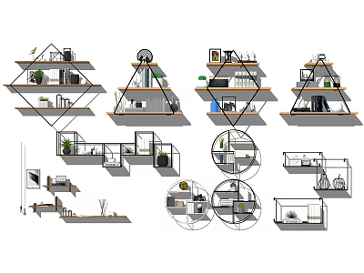 Modern Wall And Hanging Cabinets Design With Multi Layer Shelves For Home Storage 3d model