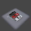 Black red and white model cars parked side by side on gray surface 3d model
