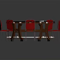 Red Surface Entertainment Table With Black Edge Six Red Chairs And Poker Chips On Top