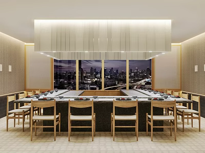 Japanese Restaurant Interior With Sushi Bar Wooden Chairs And Night View Lighting 3d model