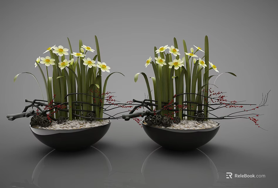 Bonsai Potted Plants With White Flowers Yellow Centers Green Leaves Black Branches And White Pebbles 3d model 