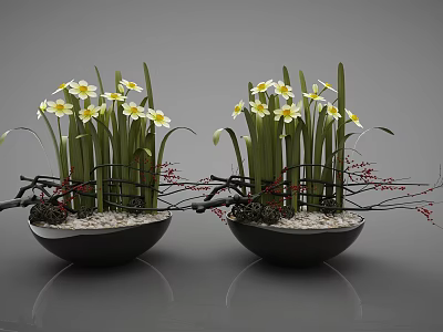 Bonsai Potted Plants With White Flowers Yellow Centers Green Leaves Black Branches And White Pebbles 3d model