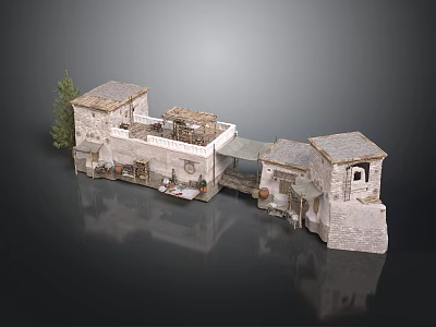Traditional Stone Building With Connected Structures And Sloped Roofs Near Small Tree 3d model