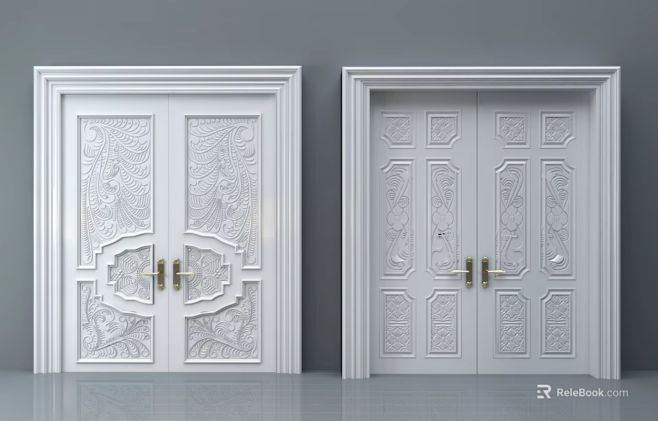 White Double Doors With Intricate Carved Patterns And Golden Handles In Modern Interior 3d model 