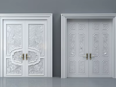 White Double Doors With Intricate Carved Patterns And Golden Handles In Modern Interior 3d model