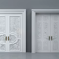 White Double Doors With Intricate Carved Patterns And Golden Handles In Modern Interior