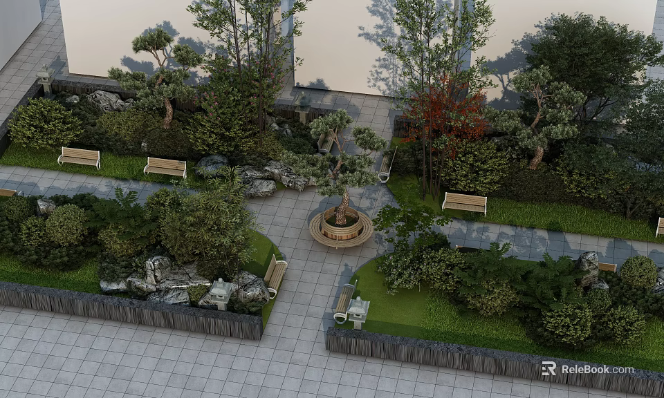 Serene Park Landscape Featuring Benches Trees Green Plants Stone Paths and Rocks 3d model 