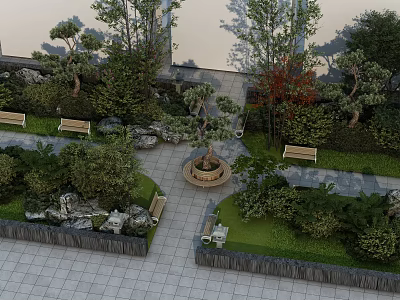 Serene Park Landscape Featuring Benches Trees Green Plants Stone Paths and Rocks 3d model