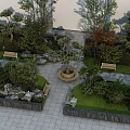 Serene Park Landscape Featuring Benches Trees Green Plants Stone Paths and Rocks