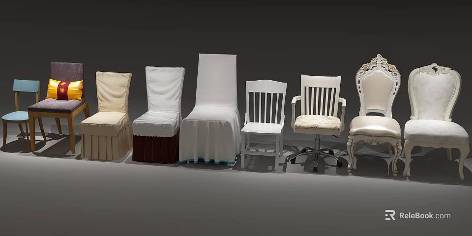 Various Designed Dining Chairs with Upholstered Covers and Carved Armrest Details 3d model 