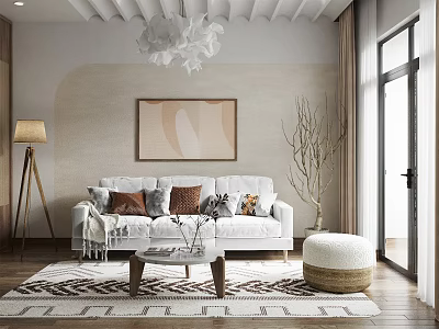 Modern Dining and Living Room Interior With White Sofa Area Rug Chandelier and Wall Art 3d model