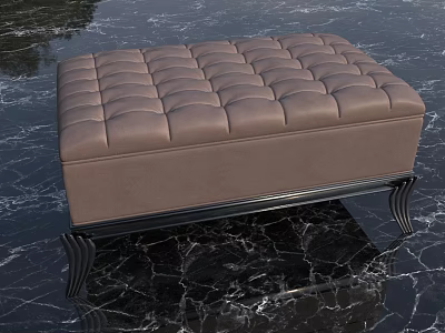 Elegant Brown Tufted Ottoman With Stylish Black Metal Legs On Marble Floor 3d model