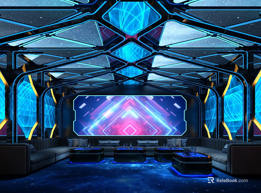 Modern Hi Tech KTV Lounge Interior With Colorful Lighting Large Screen And Sofas 3d model
