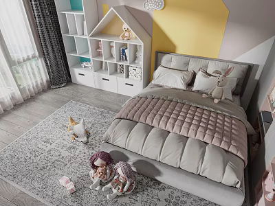 Kids Bed with House shaped Bookshelf Stuffed Toys Soft Quilt and Bedroom Rug 3d model