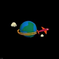 Colorful Cartoon Globe With Yellow Rings Red Airplane And White Clouds