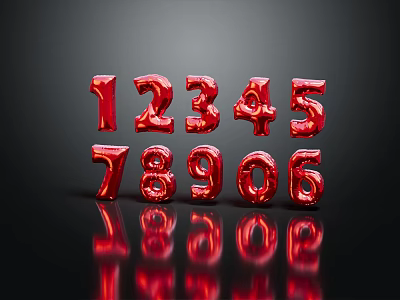 Glossy Red Numbers 1234578906 on Black Background with Clear Reflections 3d model