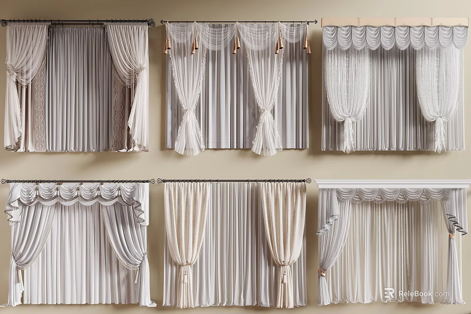 Elegant Light Colored Curtain Designs with Scalloped Valances and Pleated Panels 3d model 