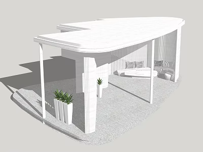 White Curved Roof Pergola With Support Columns Seating And Potted Plants 3d model
