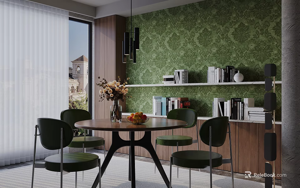 Modern Round Dining Table Set With Four Green Chairs Bookshelf And Decorative Items 3d model 